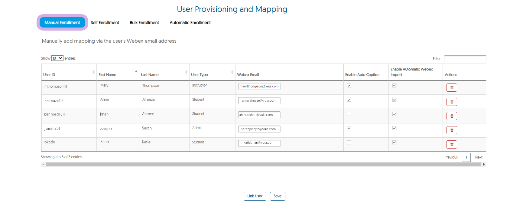 The User Provisioning and Mapping panel for Webex with Manual Enrollment selected.