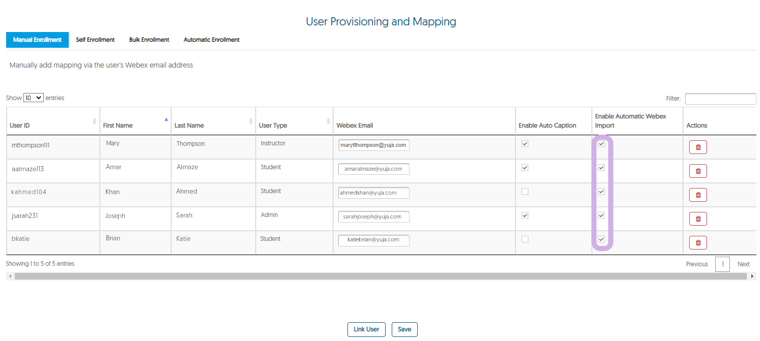The User Provisioning and Mapping panel for Webex with Enable Automatic Web Import checked for desired users.