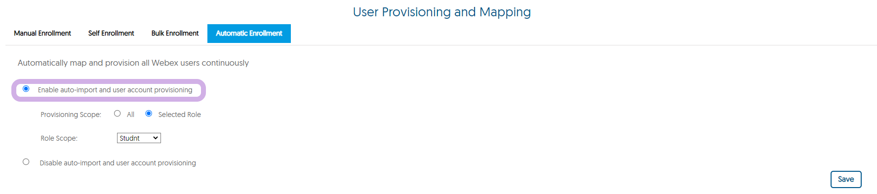 The User Provisioning and Mapping panel for Webex with Enable auto-import and user account provisioning selected from Automatic Imports.