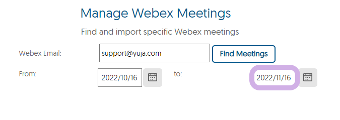 Manage Webex Meetings panel with a 'to' date selected.