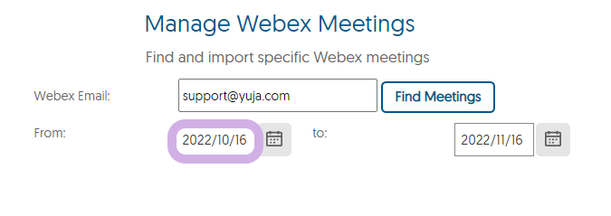 Manage Webex Meetings panel with a From date selected.