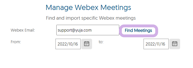 Manage Webex Meetings panel with Find Meetings selected.