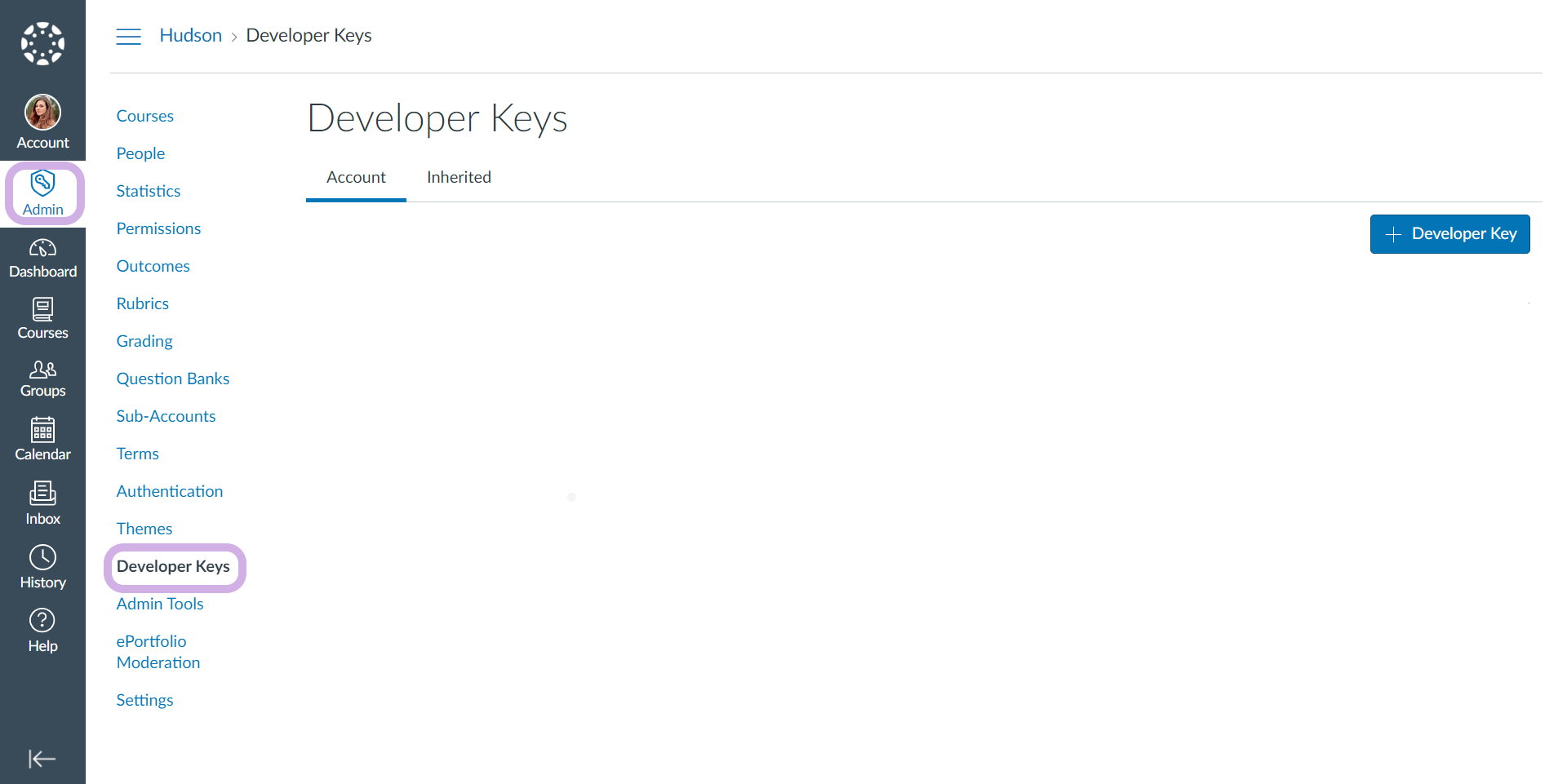 The developer key page for Canvas. The Admin tab and Developer Keys tab are both highlighted.