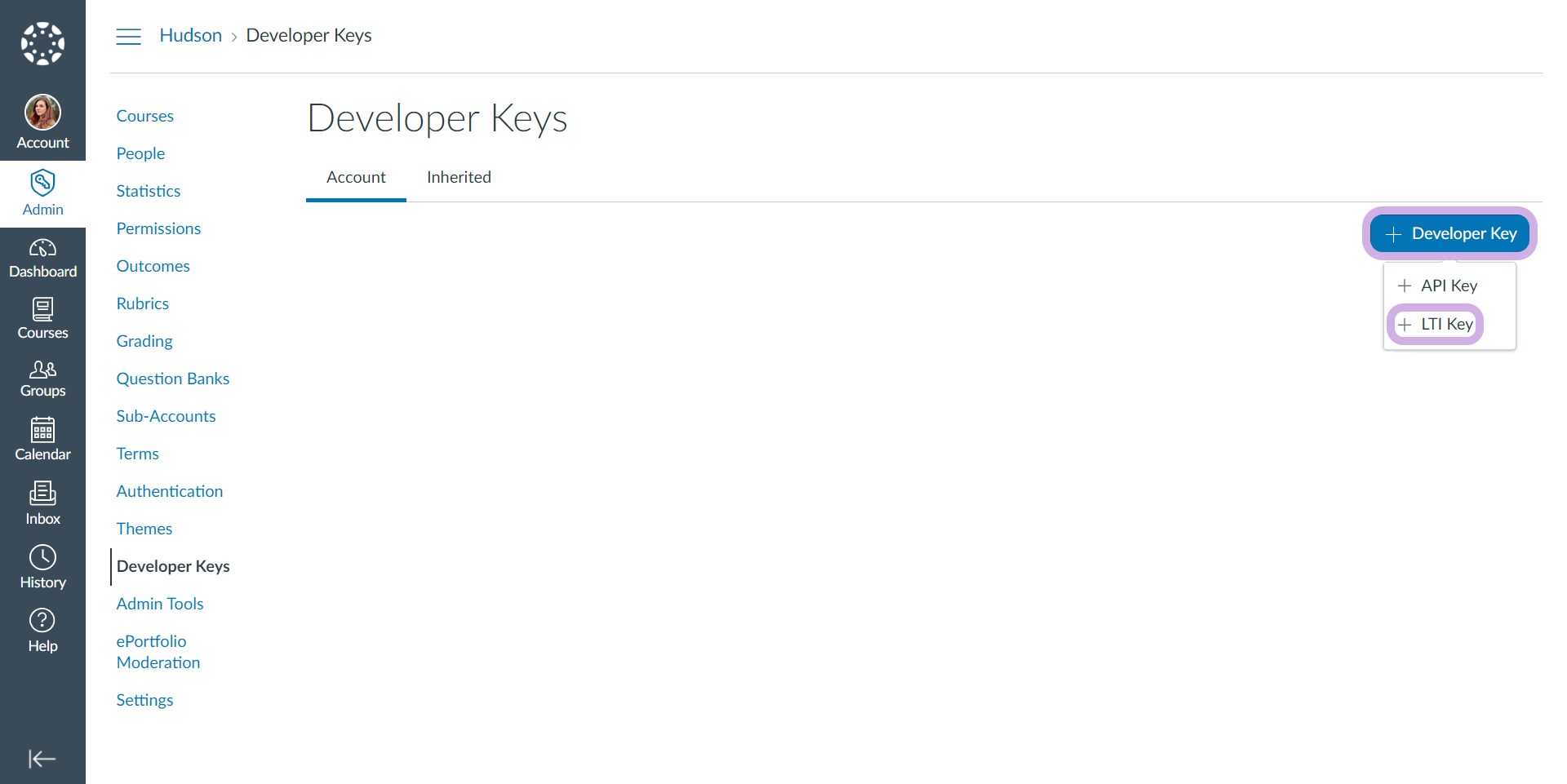 The + Developer Key button is slected and LTI Key is highlighted from the drop-down menu.