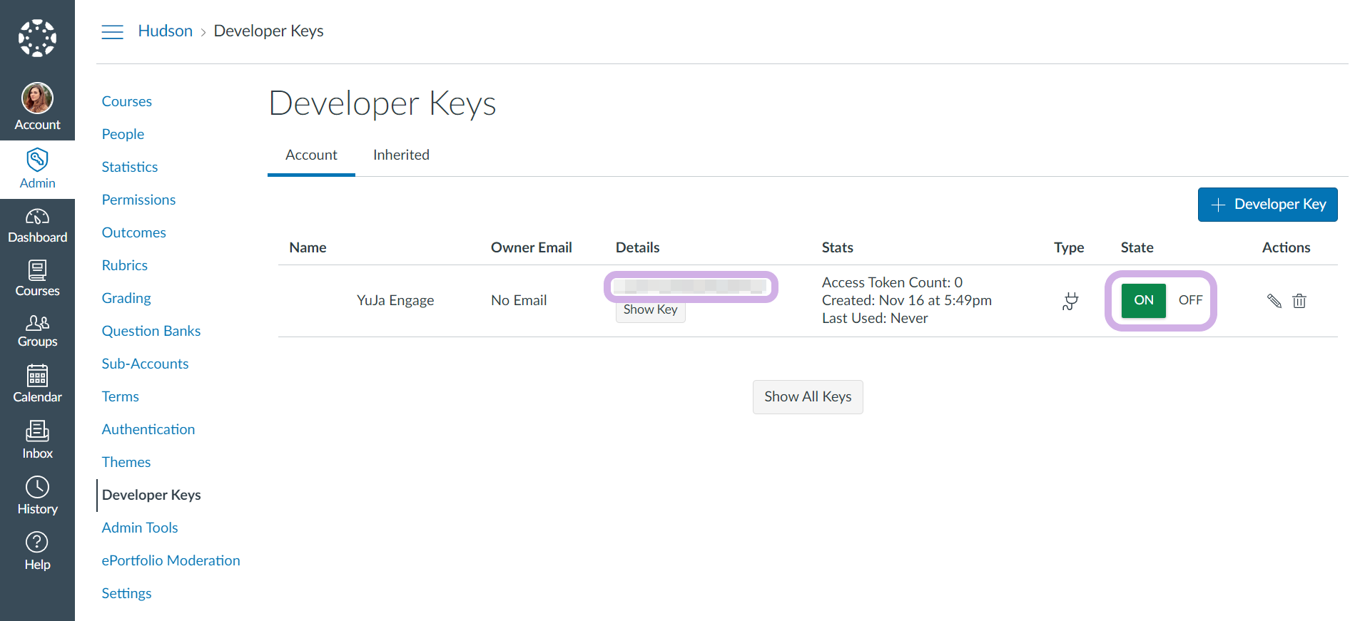 The developer keys page with client ID and Status both highlighted for the newly created key.