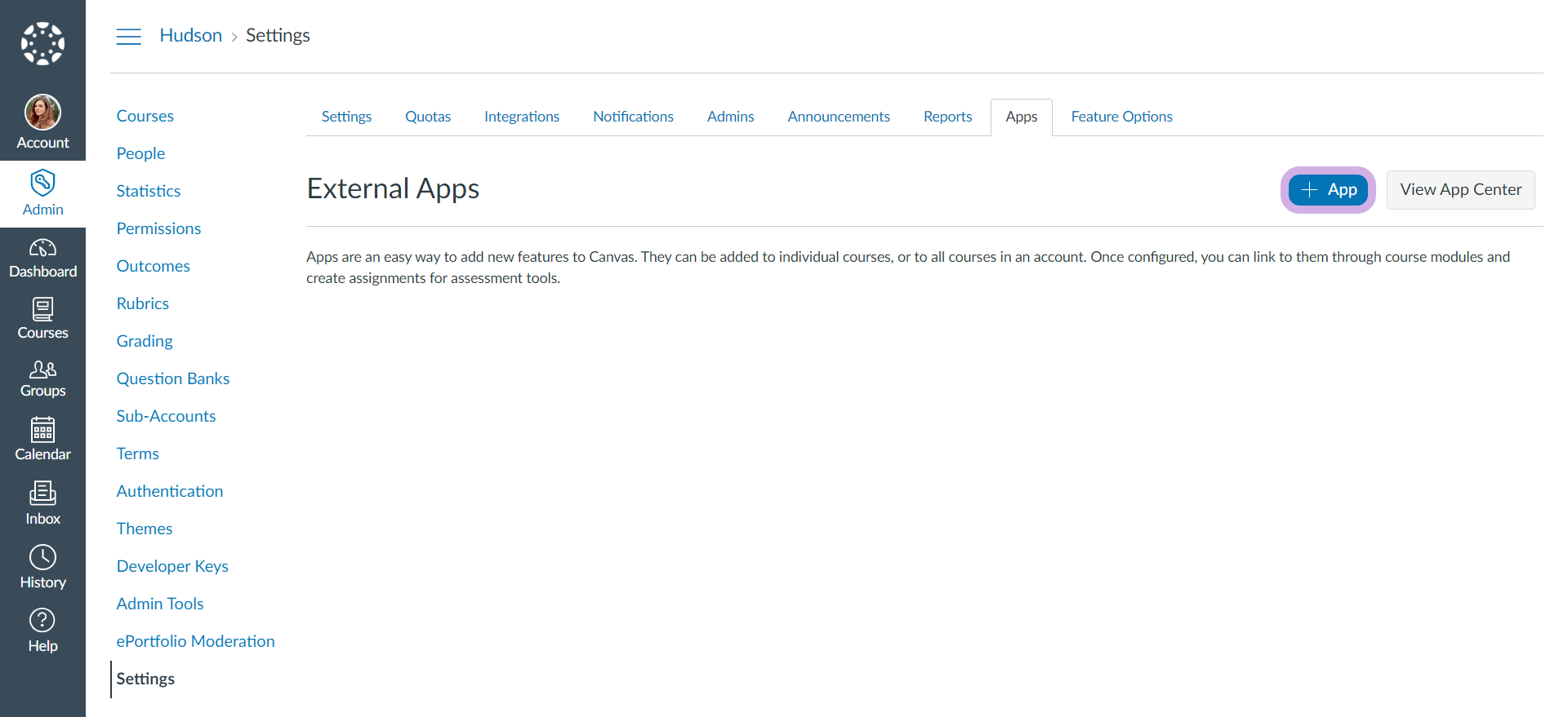 External Apps page with the +App button highlighted.
