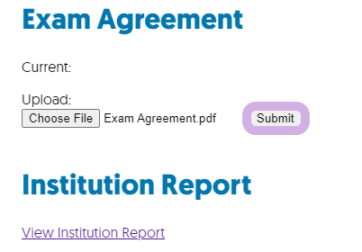 A document has been uploaded and the Submit button is highlighted for Exam Agreement.