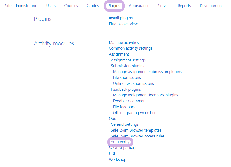 Moodle Plugins tab is selected with YuJa Verity highlighted.
