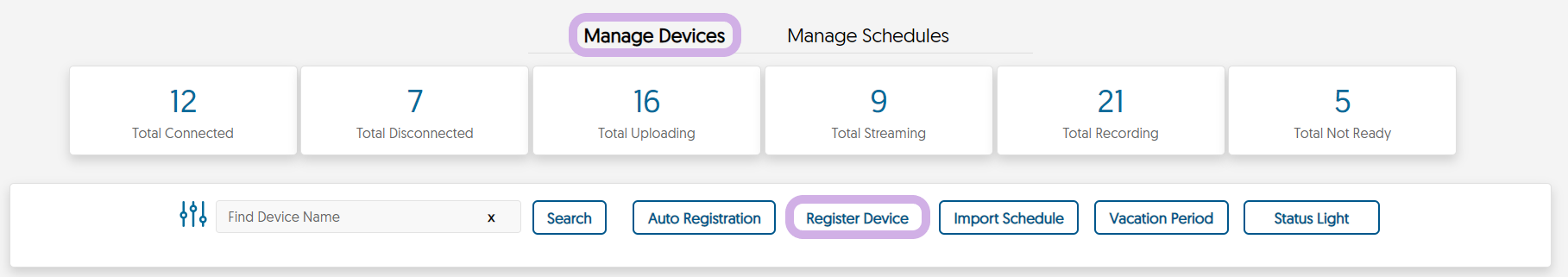 The Video Platform's Devices page with Manage Devices and Register Devices highlighted.