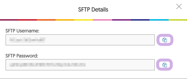 SFTP Details page features the SFTP Username and Password.