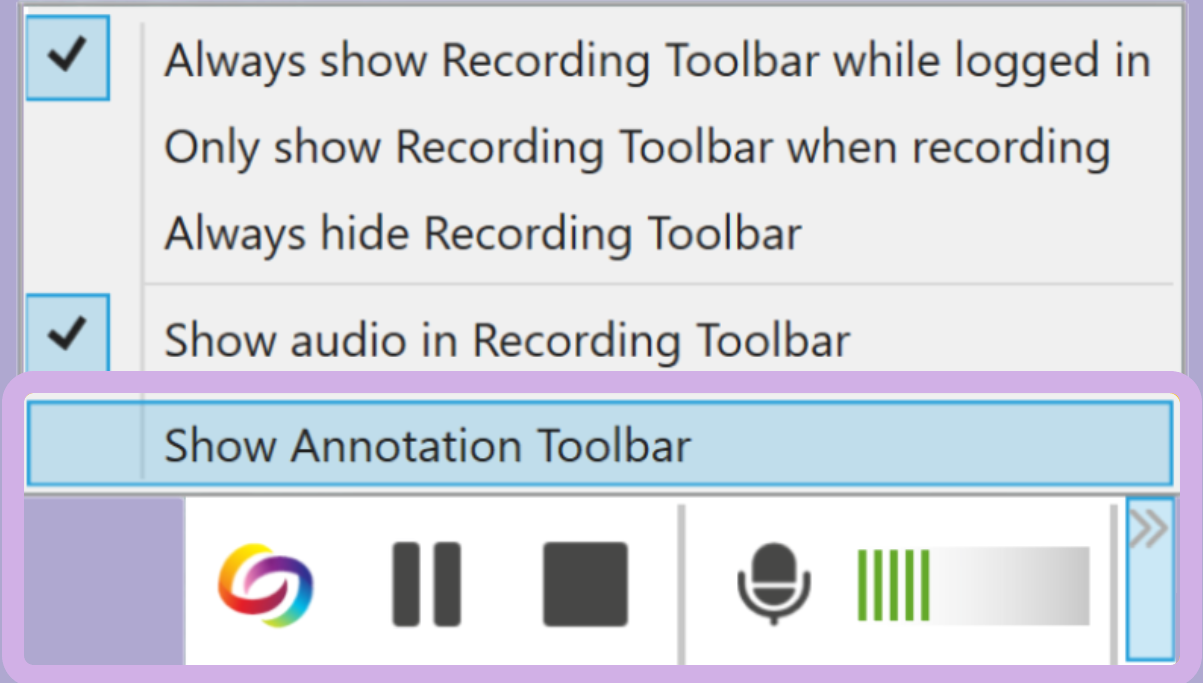 The Recording Toolbar features a drop=down menu which allows users to select Show annotation toolbar as an option,