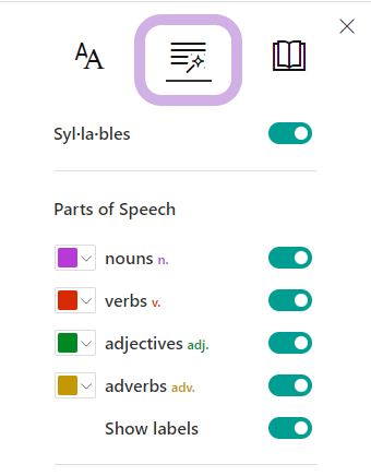 Grammar options for the Immersive reader features syllables, and parts of speech highlights for nounds, verbs, adjectives, and adverbs.