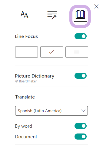 Reading Preferences for the Immersive reader features line focus, picture dictionary, and tranlations.