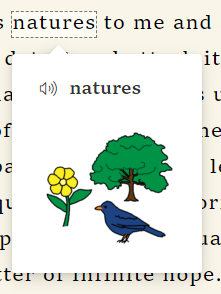The word nature is selected. The immersive reader shows pictures of plants and a bird to represent the word.