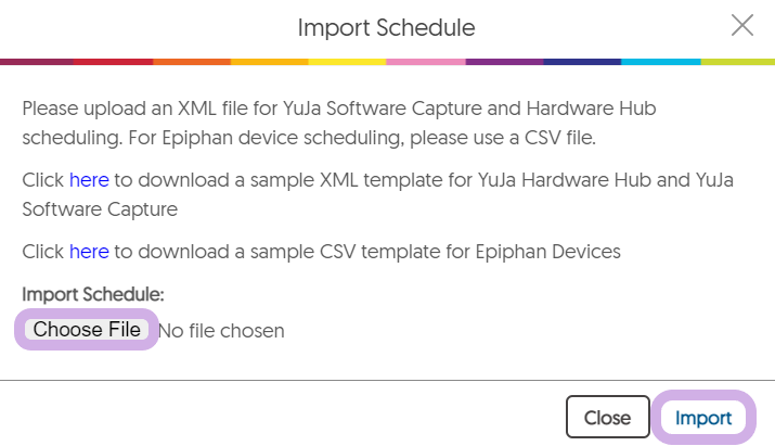 The import schedule window. Choose File and Import are highlighted.