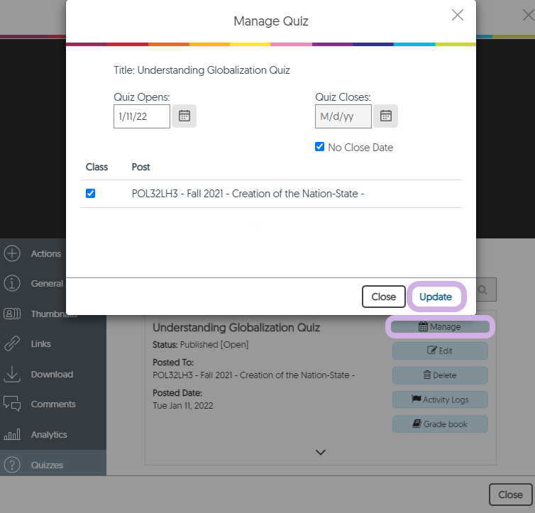 Manage Quiz settings within media details for quizzes.