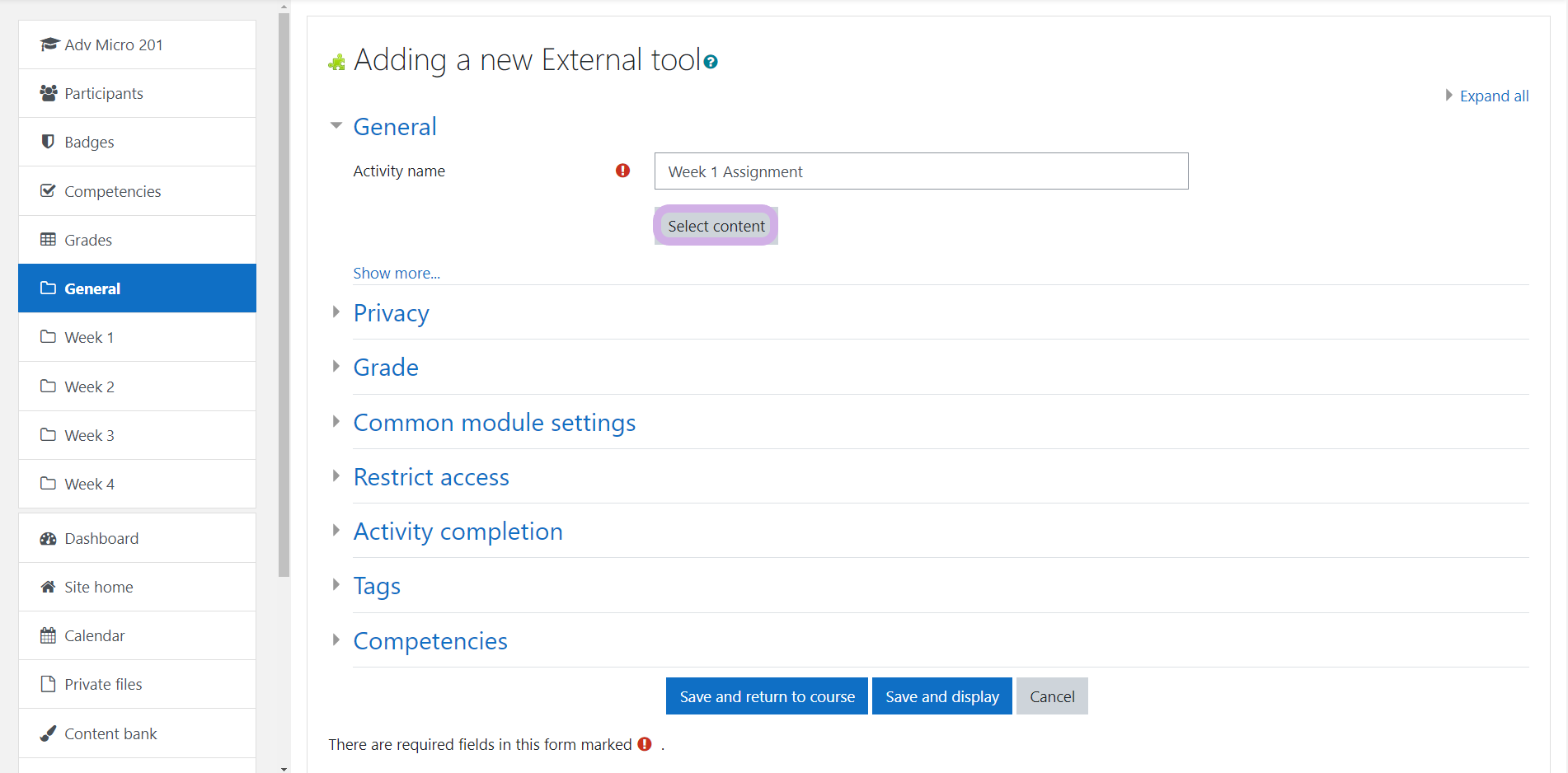 Adding a new external tool page with General info filled and select content highlighted.