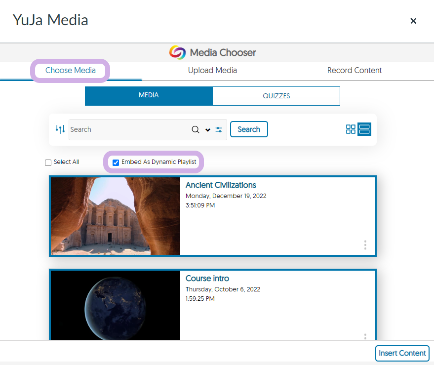 The YuJa Media chooser with Choose media and embed as dynamic playlist highlighted.
