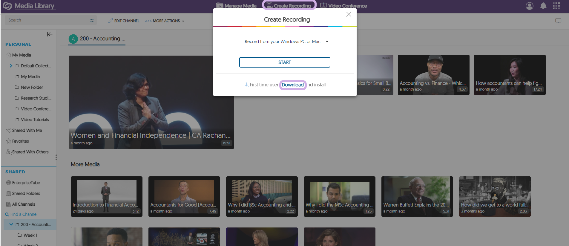 Create recording is highlighted in the Video Platform. The Create Recording panel is shown with Download highlighted.
