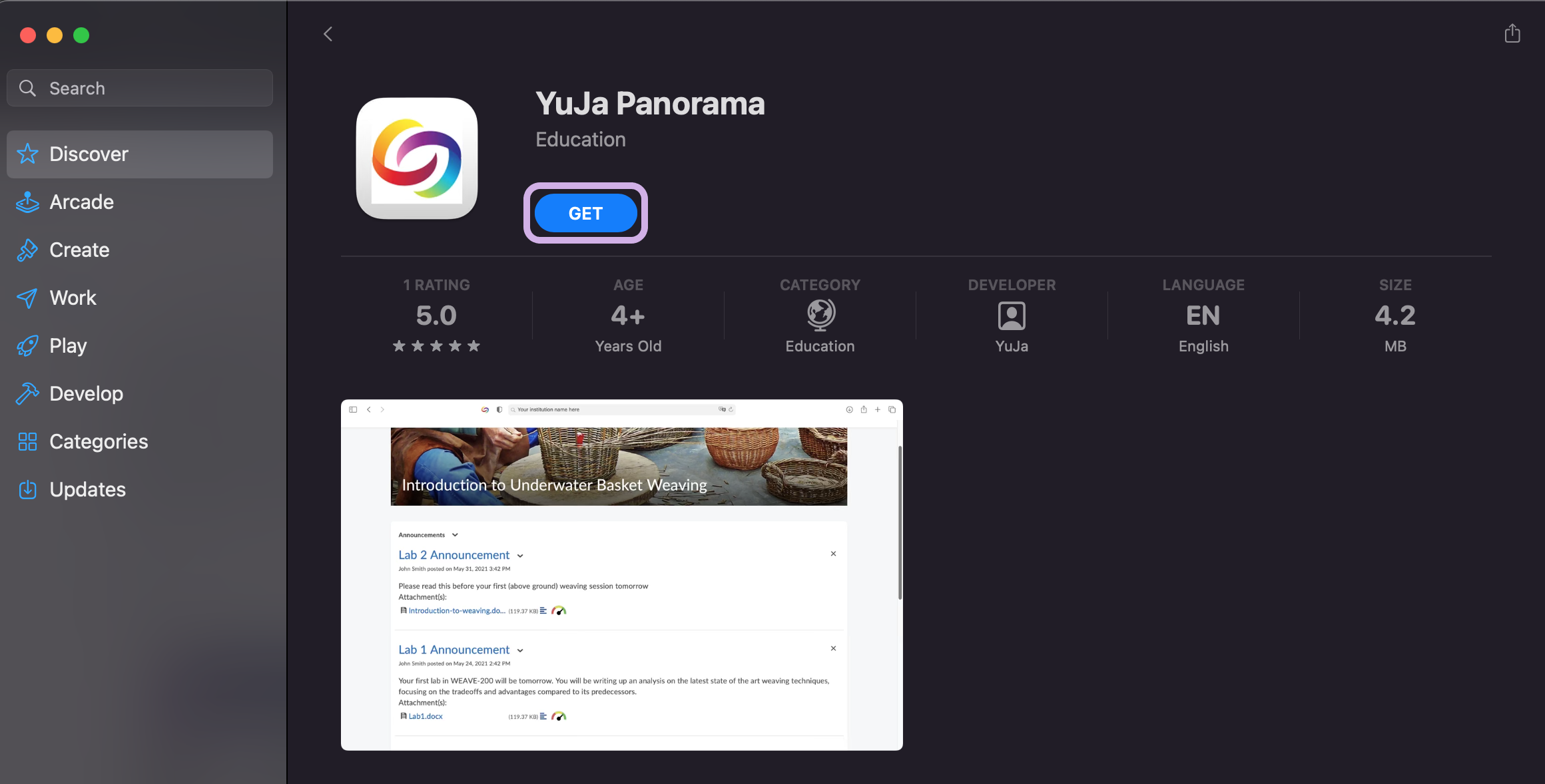 The Get button is highlighted on the YuJa Panorama page of the App Store.