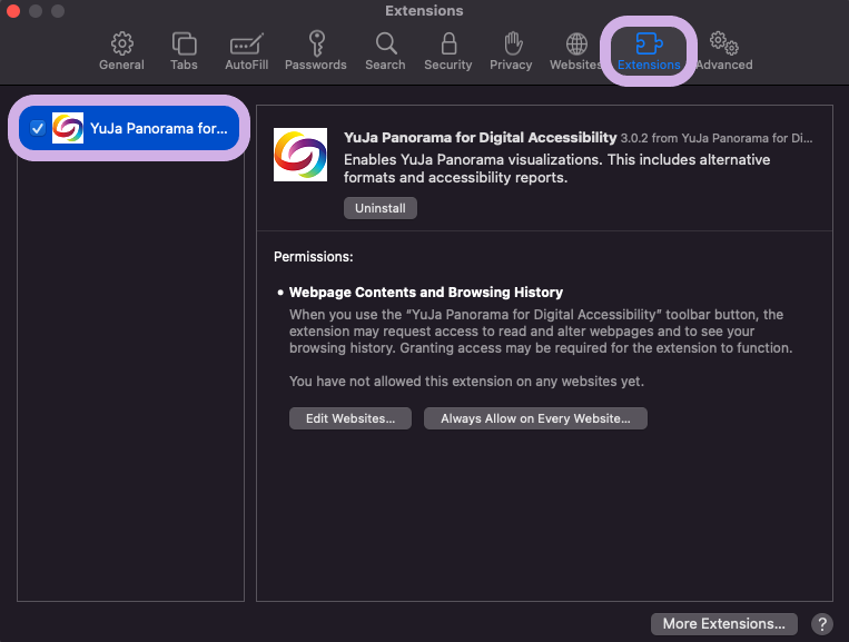 The Extensions icon is highlighted in the Extensions tab in Safari Preferences along with the YuJa Panorama for Digital Accessibility extension.