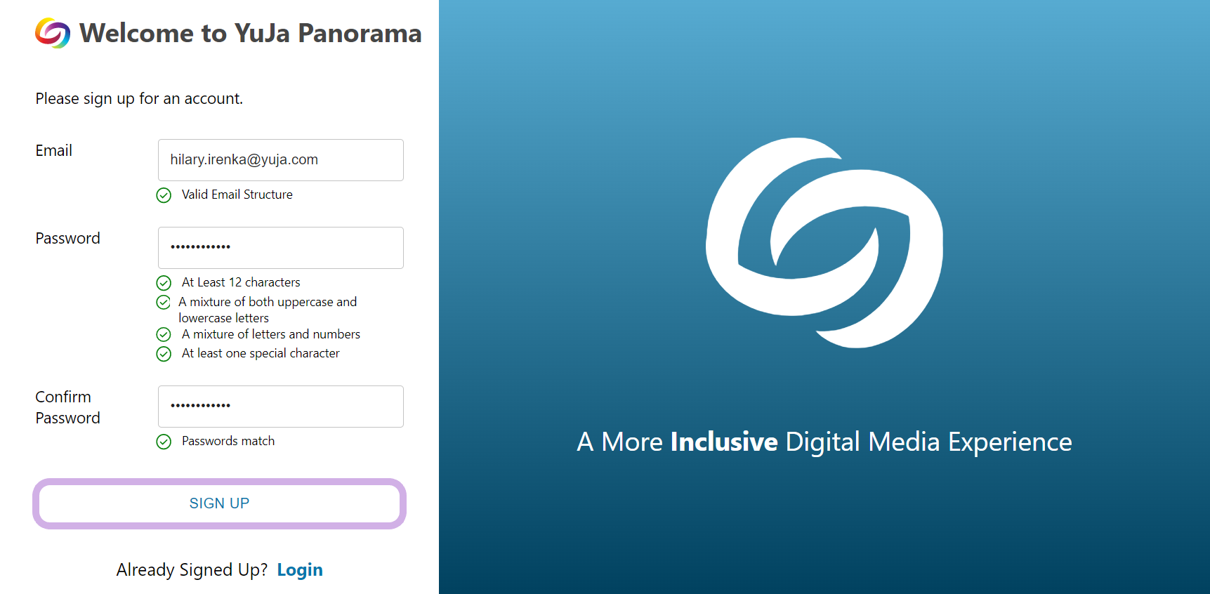 Sign up page for the Panorama Management Portal with sign up highlighted.