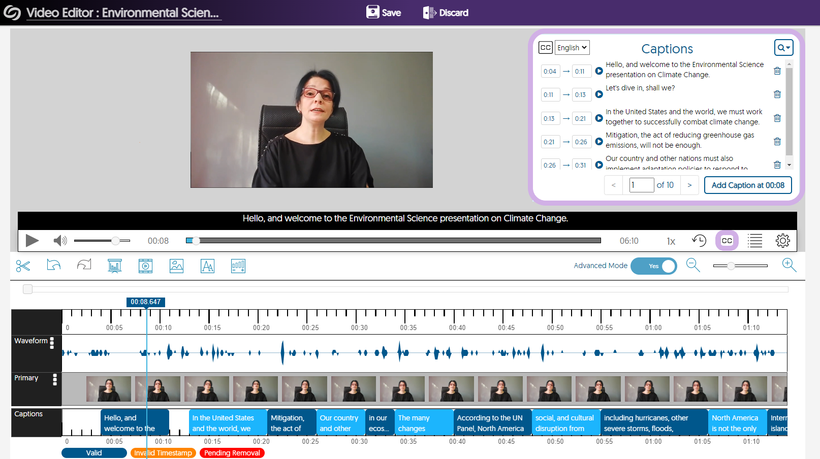 A display of the Video Editor with the caption edit panel highlighted.