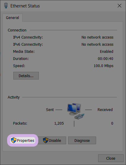 The Properties button is highlighted within the Ethernet Status window.
