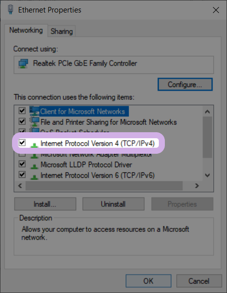 Internet Protocol Version 4 (TCP/IPv4) is checked and highlighted in the Ethernet Properties window.
