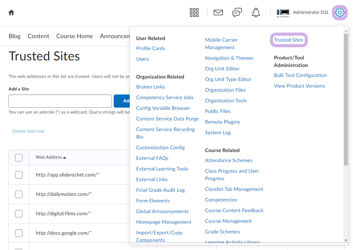 D2L Brightspace Admin Tool drop-down menu has trusted sites highlighted