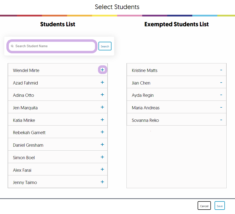 The student list with the search bar and plus icon highlighted.