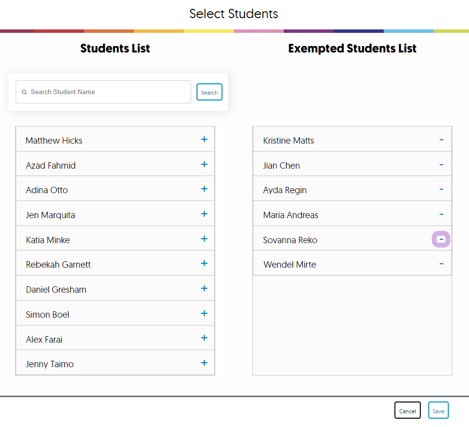 The student list with the minus icon.
