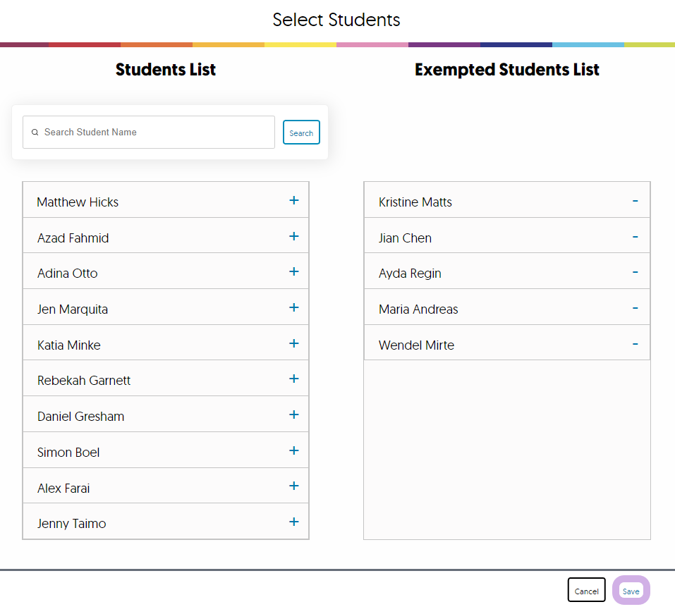 The student list with save highlighted.