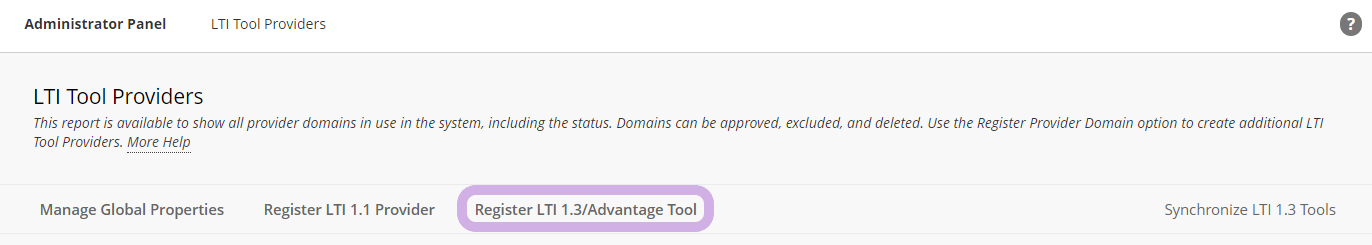 The LTI Tool Providers page with Register LTI 1.3/Advantage Tool highlighted.