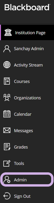 The blackboard Ultra navigation menu with Admin highlighted.