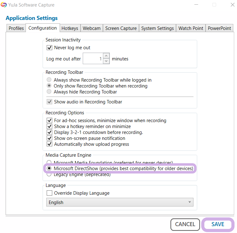 The application settings window with Micrsoft DirectShow selected and highlighted.