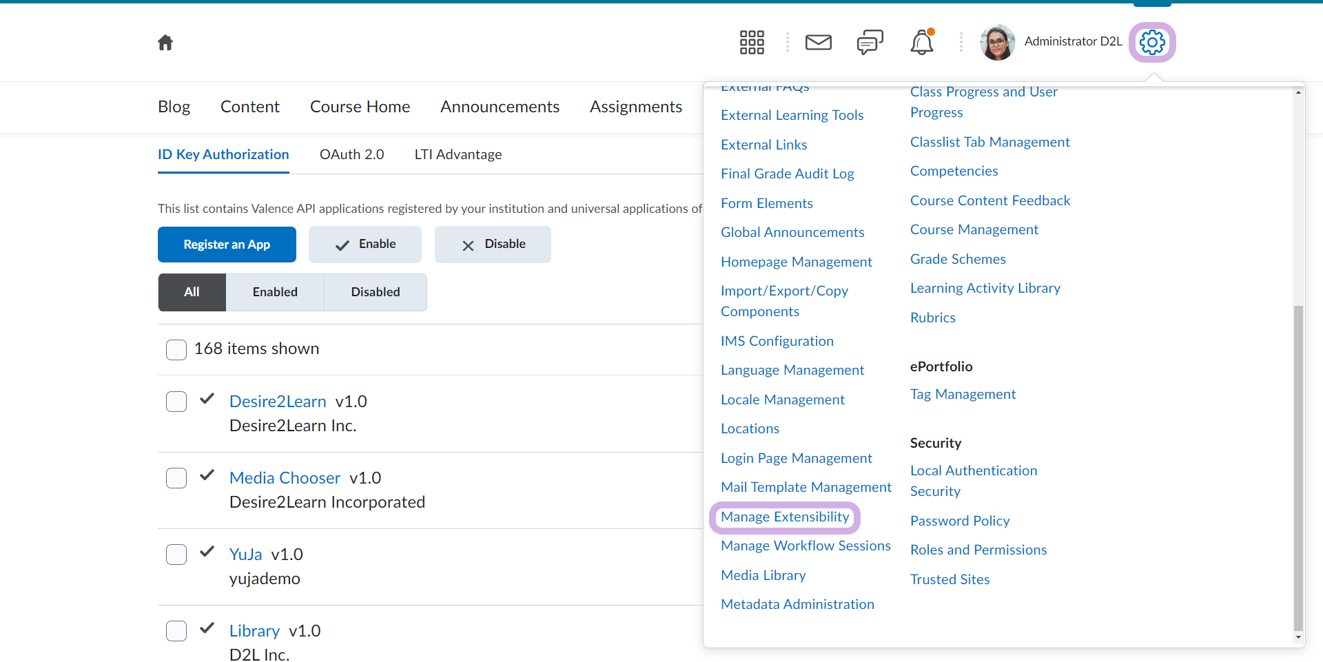 D2L Gear icon selected with Manage extensibility highlighted from the drop-down menu.