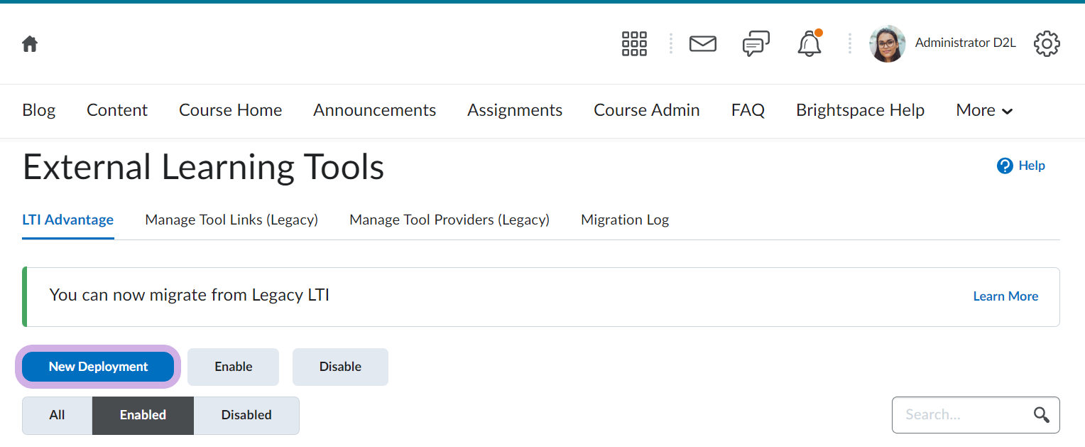 External Learning Tools window with New Deployment highlighted.