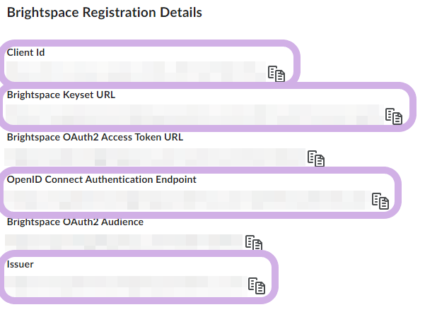 The Brightspace registration details panel.