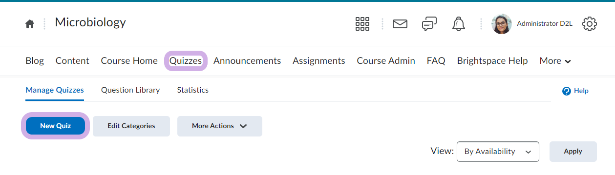 D2L Quizzes page with the New Quiz button highlighted.