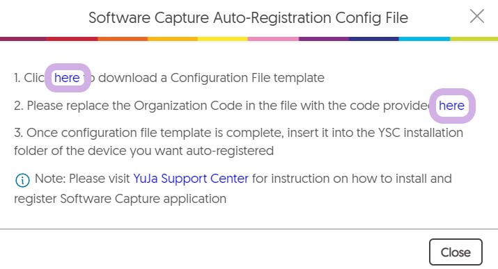 The software capture auto-registration Config File window featuring three steps. Download the config file, access the organization code, and insert the config file to the config installation folder.