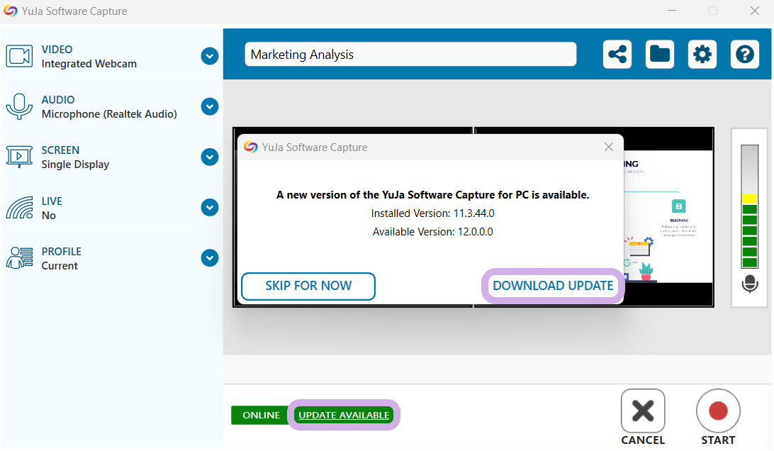 The COnfidence Monitor for the Software Capture application with the Update button highlighted. The update window has the download button highlighted.