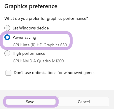 The graphic preference window has Power Saving and the Save button highlighted.