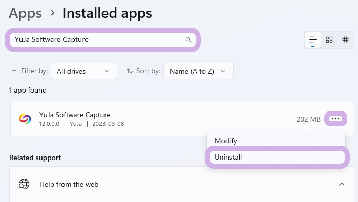 Uninstalled app page features the text YuJa Software Capture entered in the search bar, and the more options icon selected with the uninstall button highlighted.