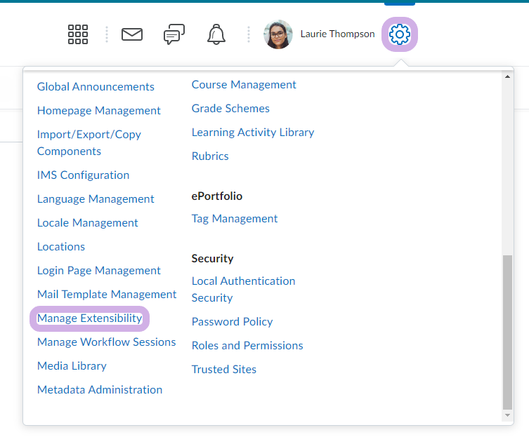 The Admin Tool gear icon is selected showcasing a menu with the option to select Manage Extensibility.