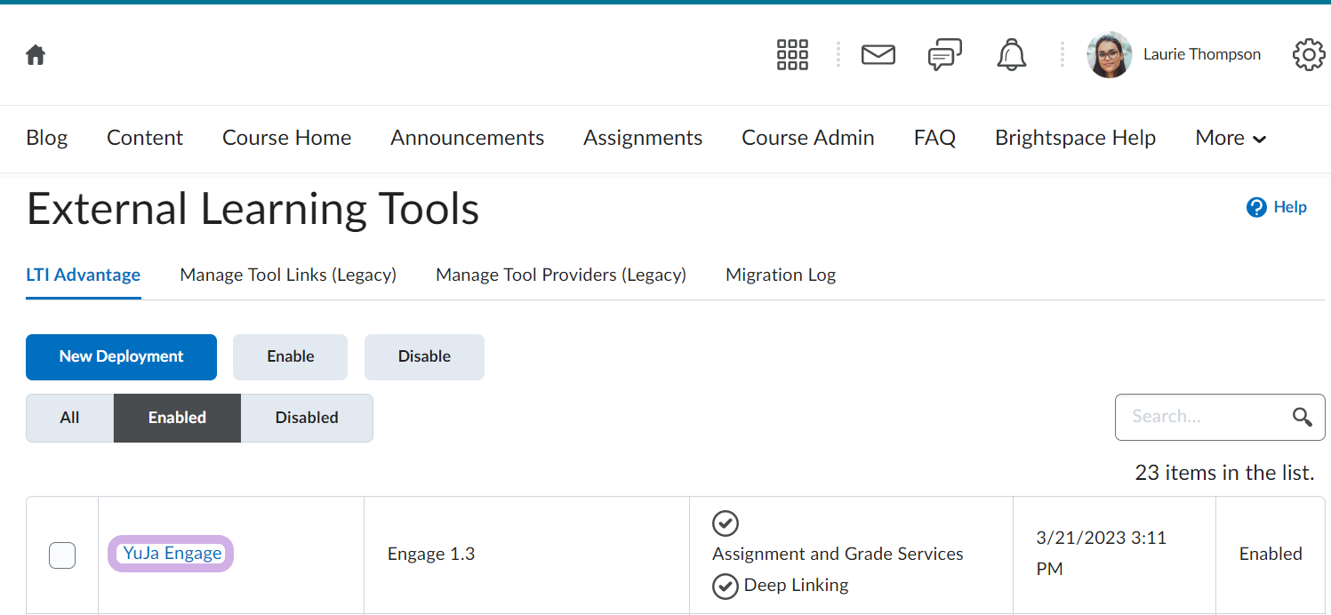 The engage tool is shown highlighted in the list of external learning tools.