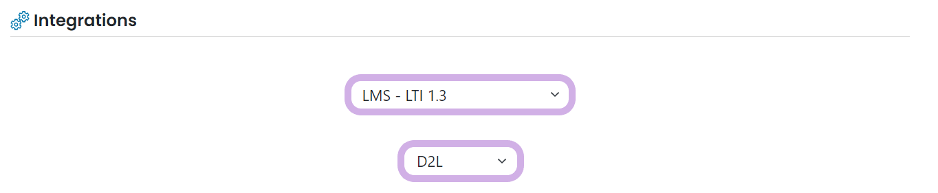 LMS LTI 1.3 is selected for the integrations and D2L is selected as the LMS.