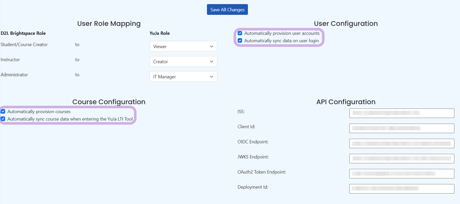 API user and course configuration details are checked.