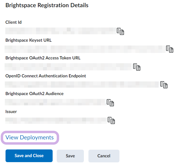 The registration details for the tool are shown and the option to view deployments is highlighted.