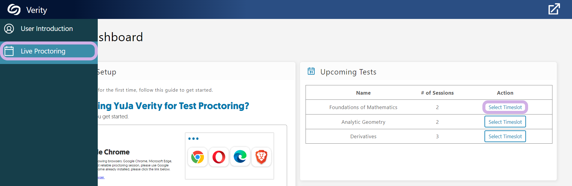 The student dashboard for Verity featuring the Live Procotring tab with upcoming tests panel populated.